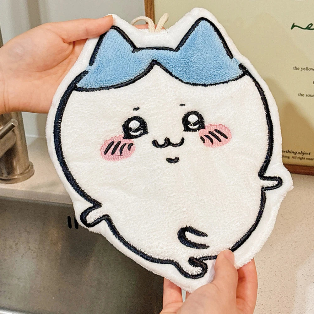 serviettes main décoratives kawaii blanc beige bleu personnage souriant oreilles lapin