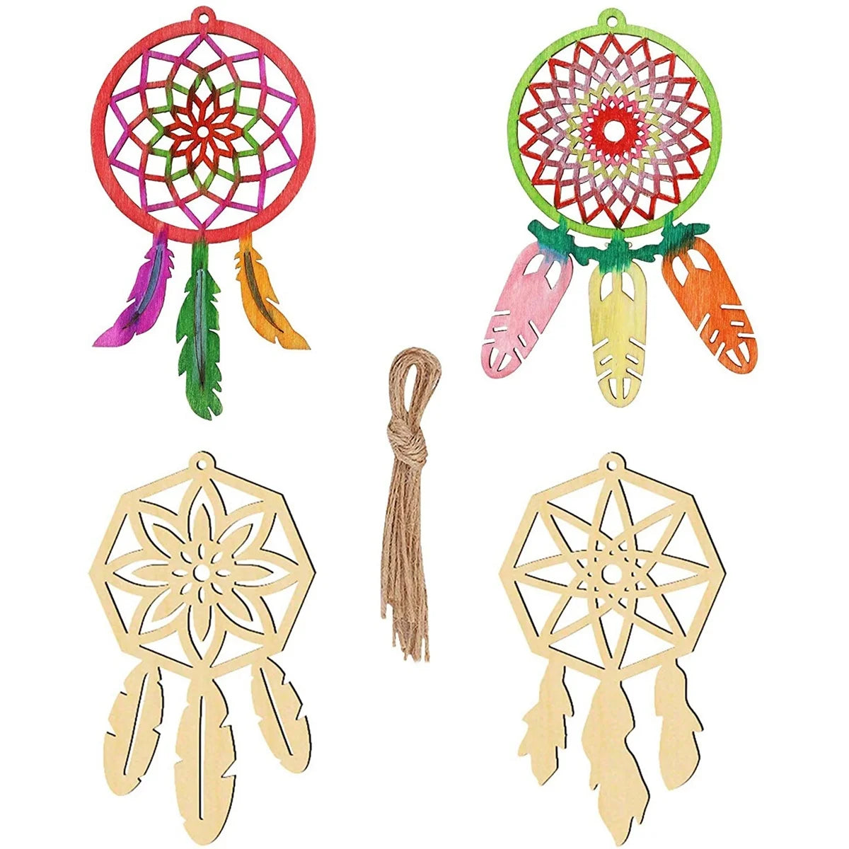 attrape rêves ethnique motifs géométriques or multicolore plumes cordelettes boho chicintérieur décoration artisanale