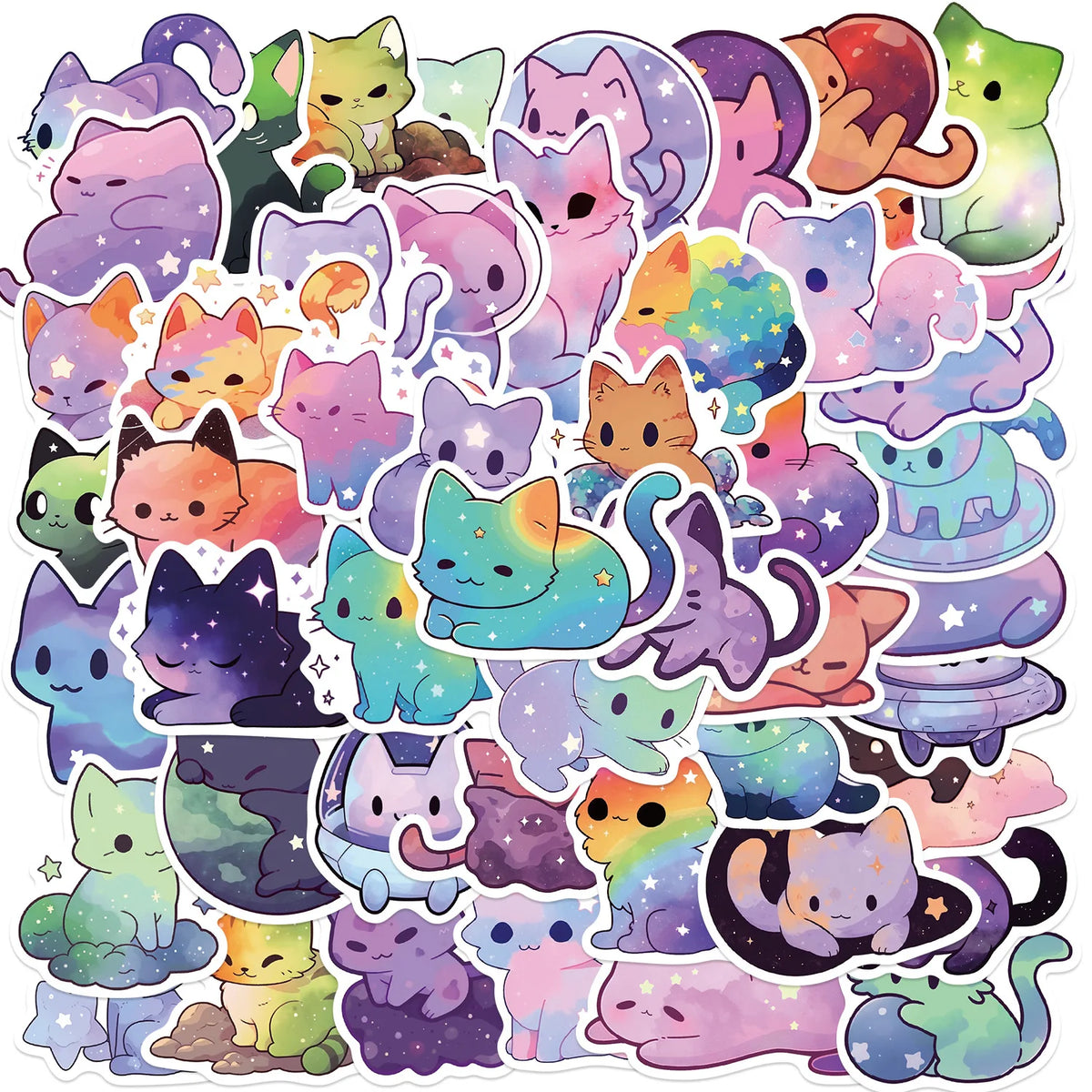 stickers dessin animé mignon galaxie étoiles pastel violet bleu rose orange vert noir adhésifs