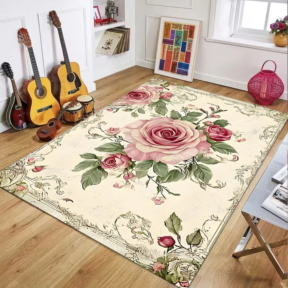 tapis floral classique fleurs roses feuilles tapis beige rose vert rouge salon chambreOpaque Aubusson