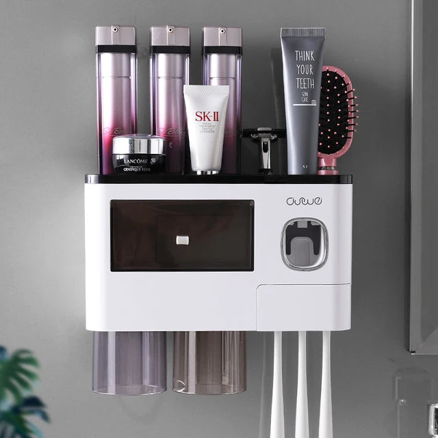 porte brosses dents distributeur dentifrice adhésif moderne blanc noir violet translucent