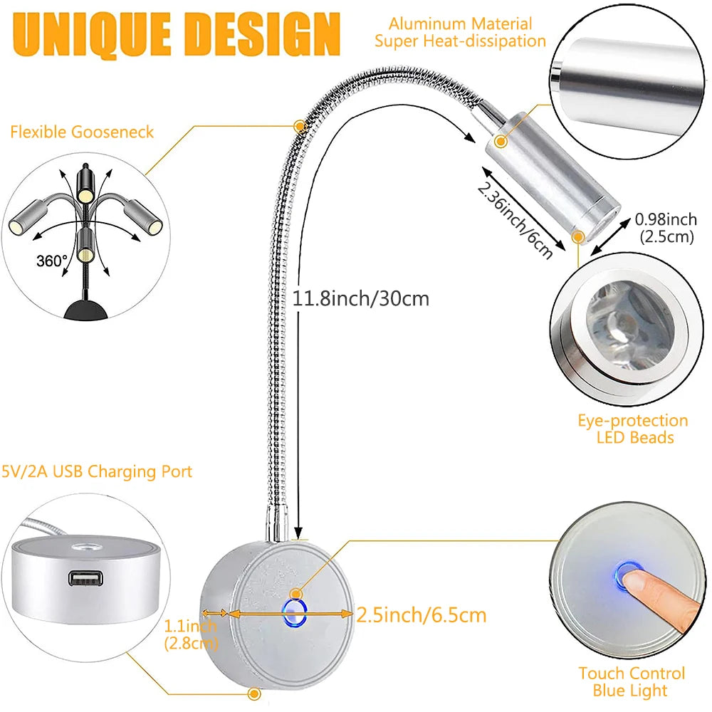 lampe lecture flexible moderne noir argent interrupteur tactile led rechargeable via usb