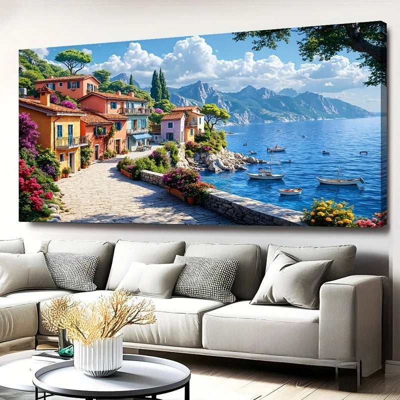 tableau mural moderne paysage urbain maison colorée fleur montagne mer multicolore sans cadre encre