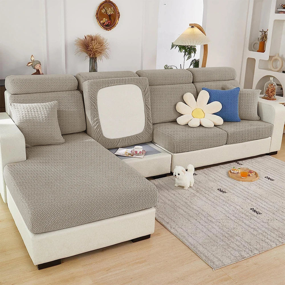 housse canapé gris clair extensible tissu jacquard motif géométrique moderne salon lavable