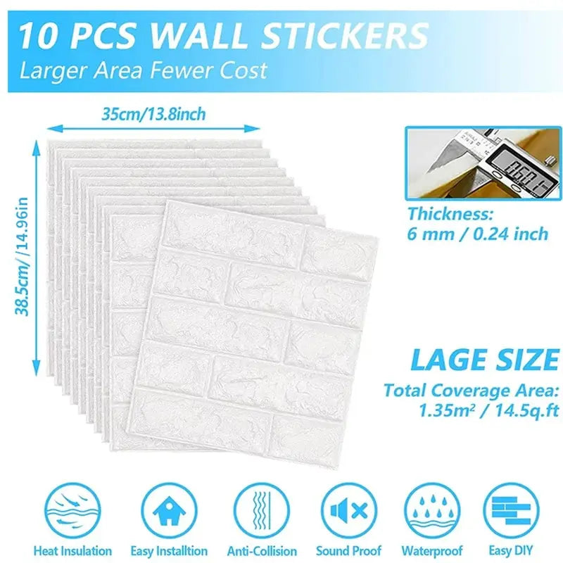 sticker mural brique blanc moderne adhésif 10 pièces 35cm 38.5cm