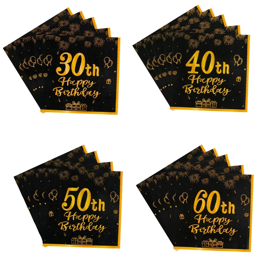 serviettes jetables anniversaire or noires élégantes fêtes ballons cadeaux feux artifice 20pcs sac