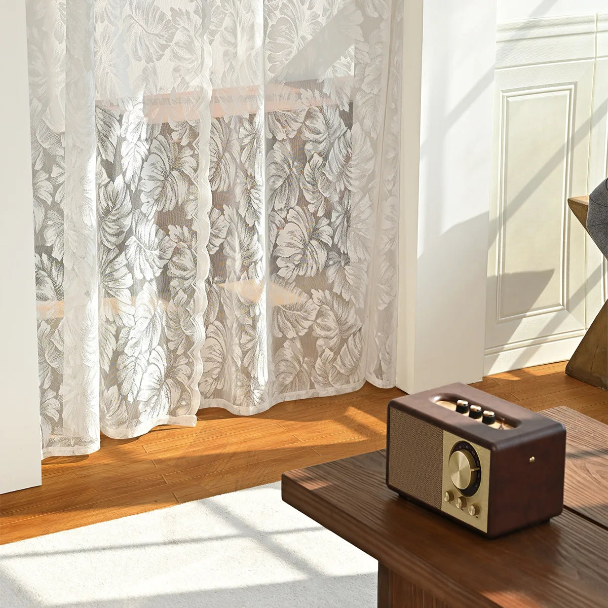 rideau blanc fleurs transparent classique deux panneaux salon chambre coucher decoration pastorale