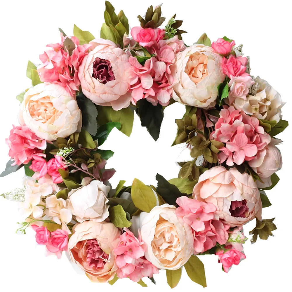 couronne florale vintage rose blanche feuilles vertes fleurs artificielles intérieur mariage table porte