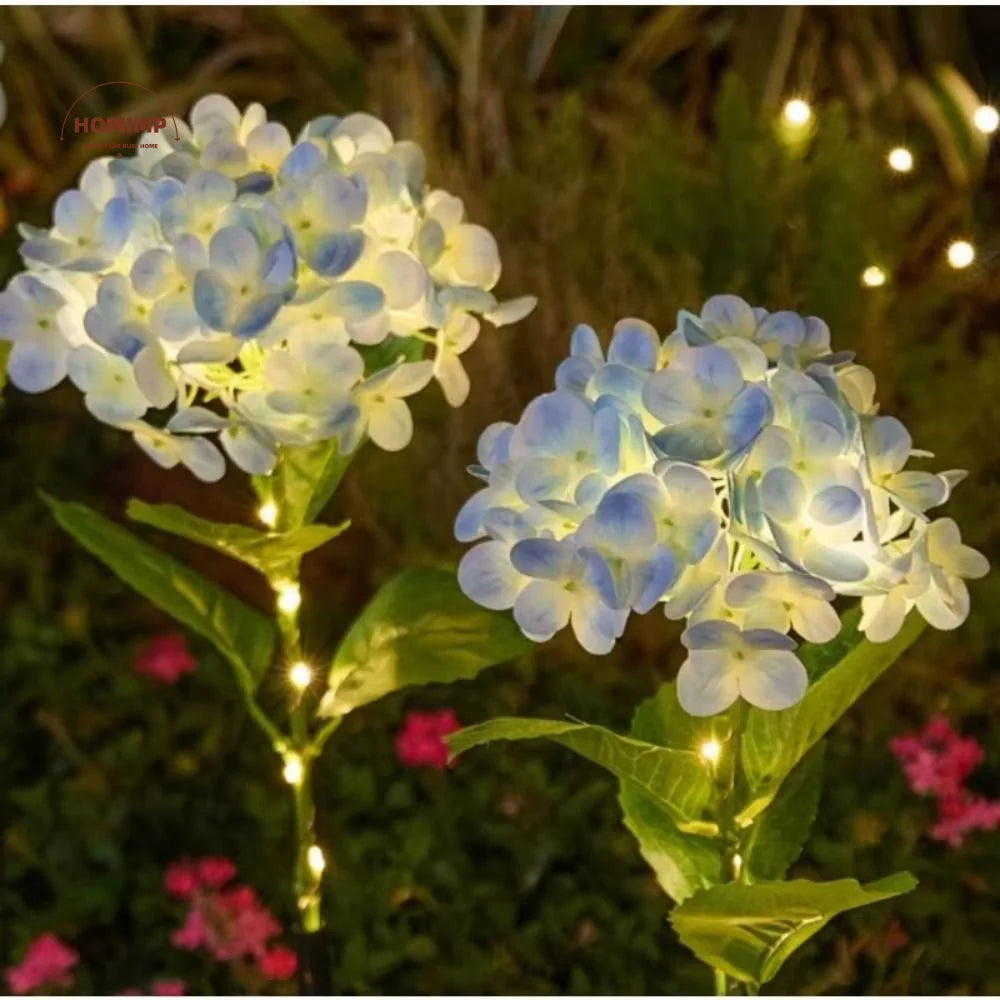 fleurs artificielles lumineuses hortensia bleu rose violet feuilles vertes moderne décoration extérieure panneau solaire