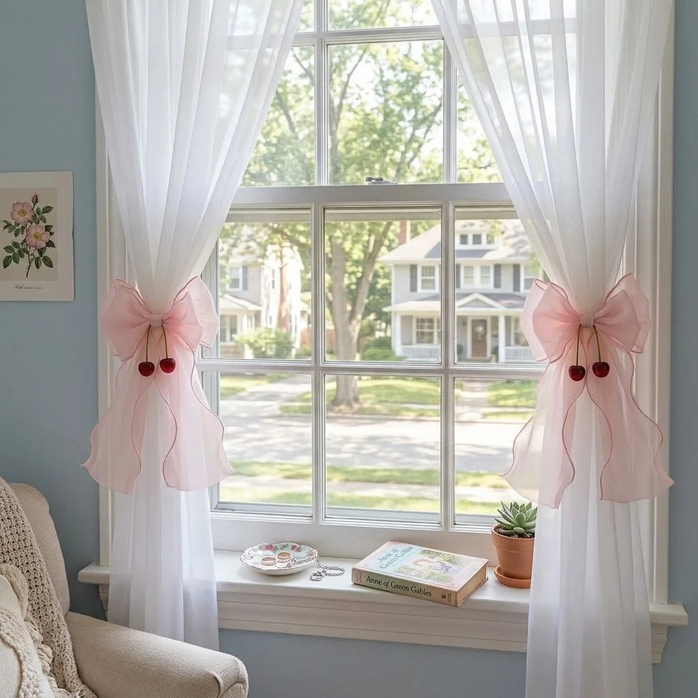 accessoires rideaux decoration maison rose rouge blanc rubans texturés semi transparents