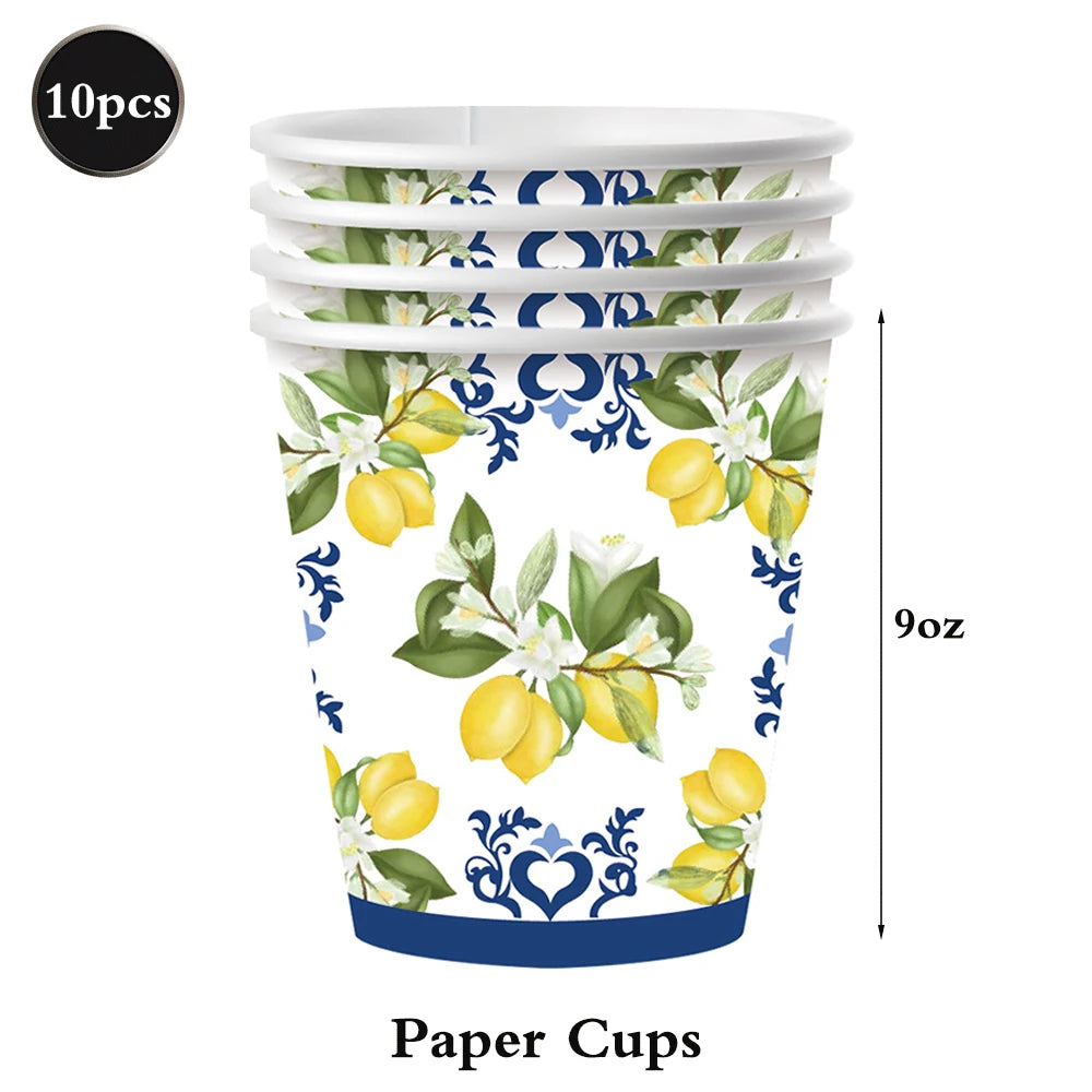 vaisselle jetable assiettes gobelets serviettes motif floral citron anniversaire mariage festive