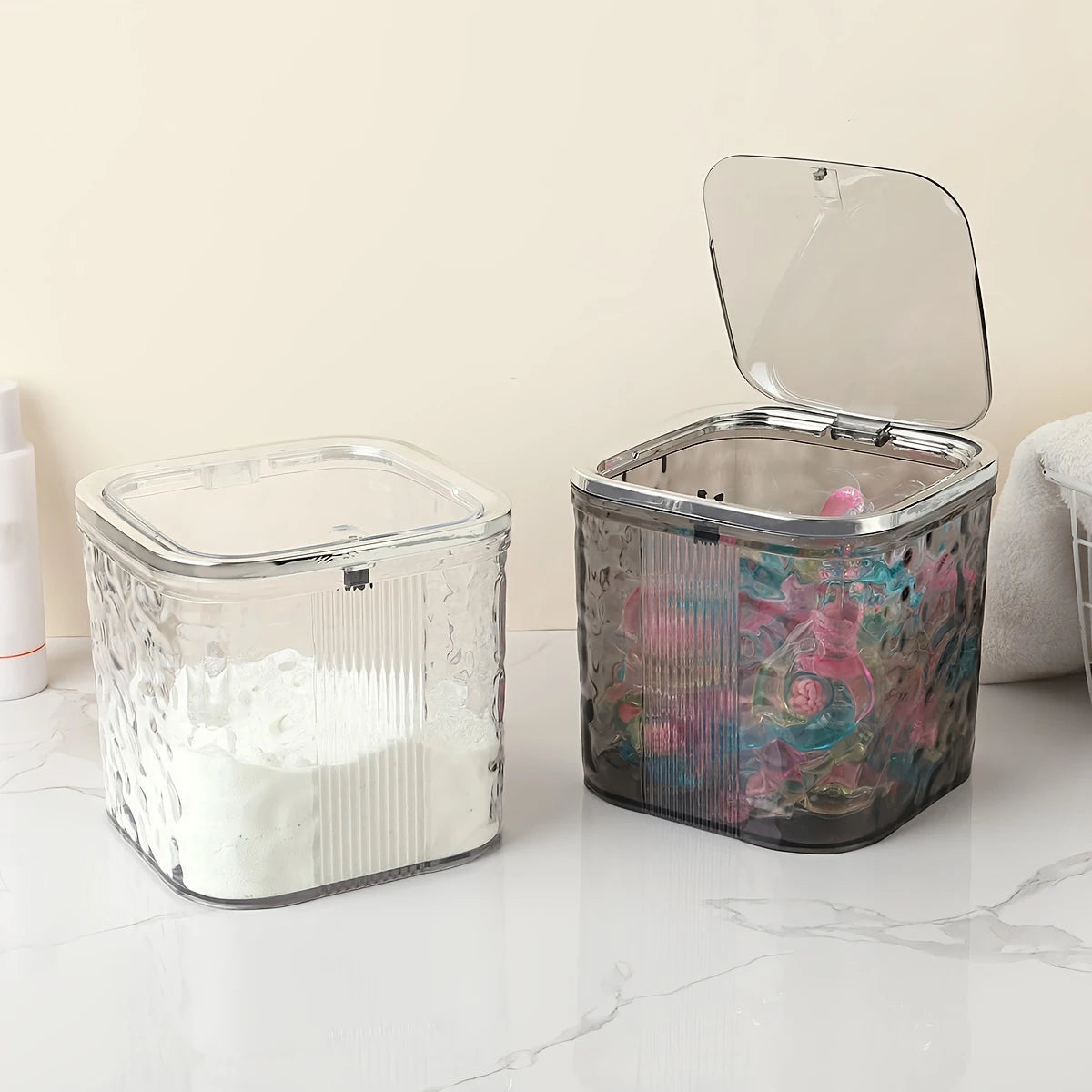 boîtes rangement lessive transparentes texture rugueuse moderne imperméables cuillère poudre contemporaine buanderie organisation produits