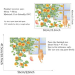 sticker mural dessin animé chat escalade fenêtre fleurs feuilles orange vert jaune rose illustration