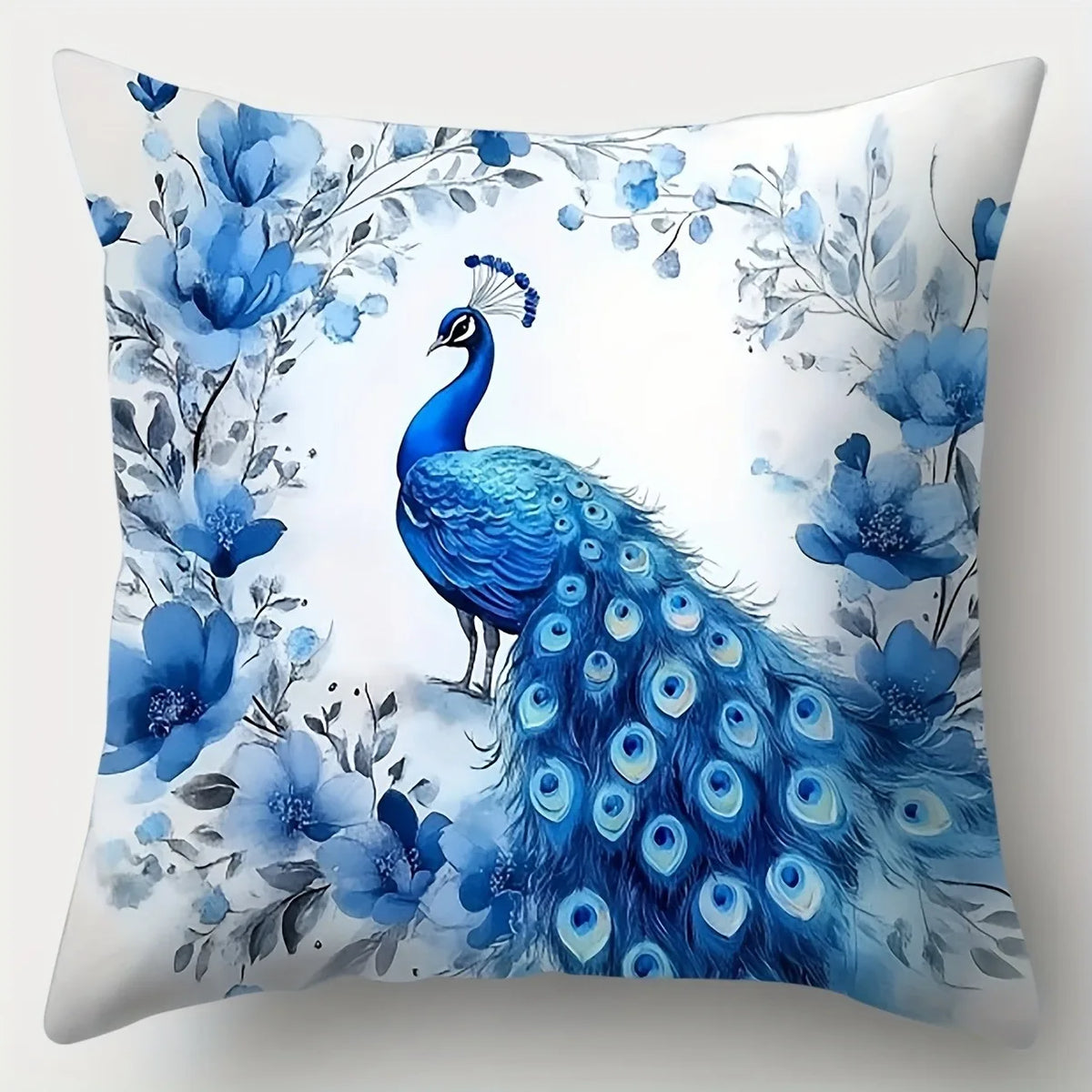housse coussin motif paon fleurs bleu blanc decoration maison lit canape voiture 45x45cm opacité