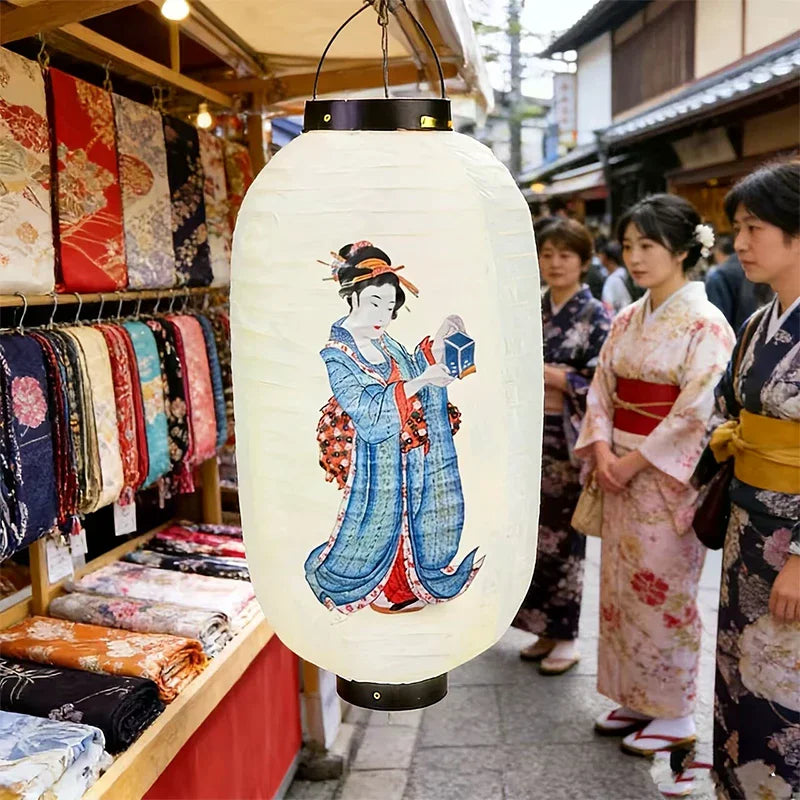 lanterne japonaise papier blanc beige motif geisha chat maneki neko décoration artisanale suspendue intérieur