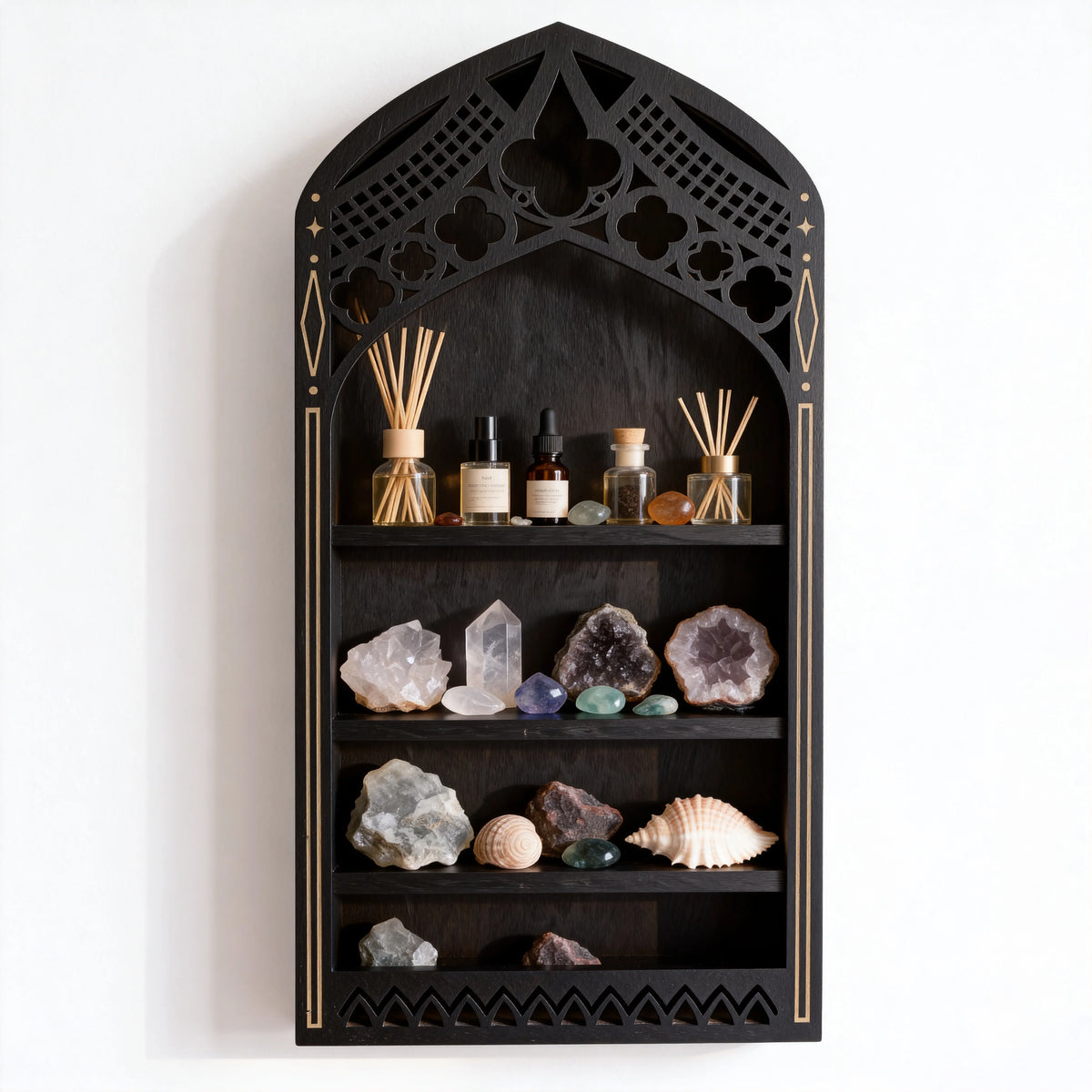 étagère murale gothique noire or pierres minéraux coquillages huiles essentielles decorative trois niveaux fixations