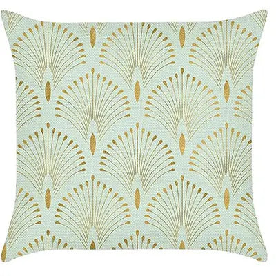 taie d'oreiller lin imprimé plumes paon moderne bleu vert doré coussin carré fixé