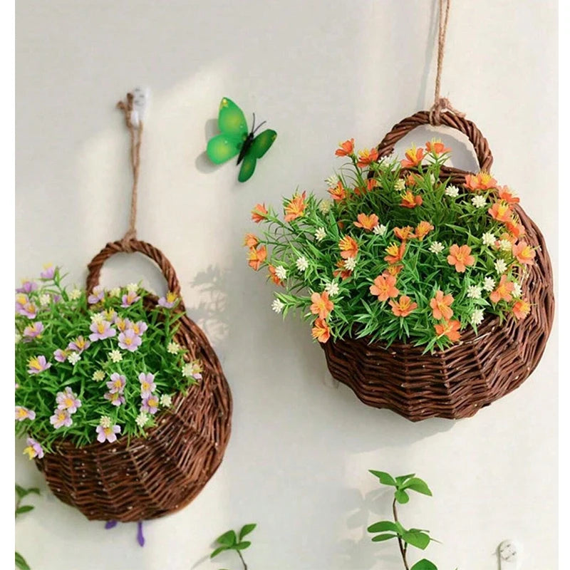 paniers suspendus marron clair tissage osier rustique cordelette plante artificielleintérieur decoration fait main