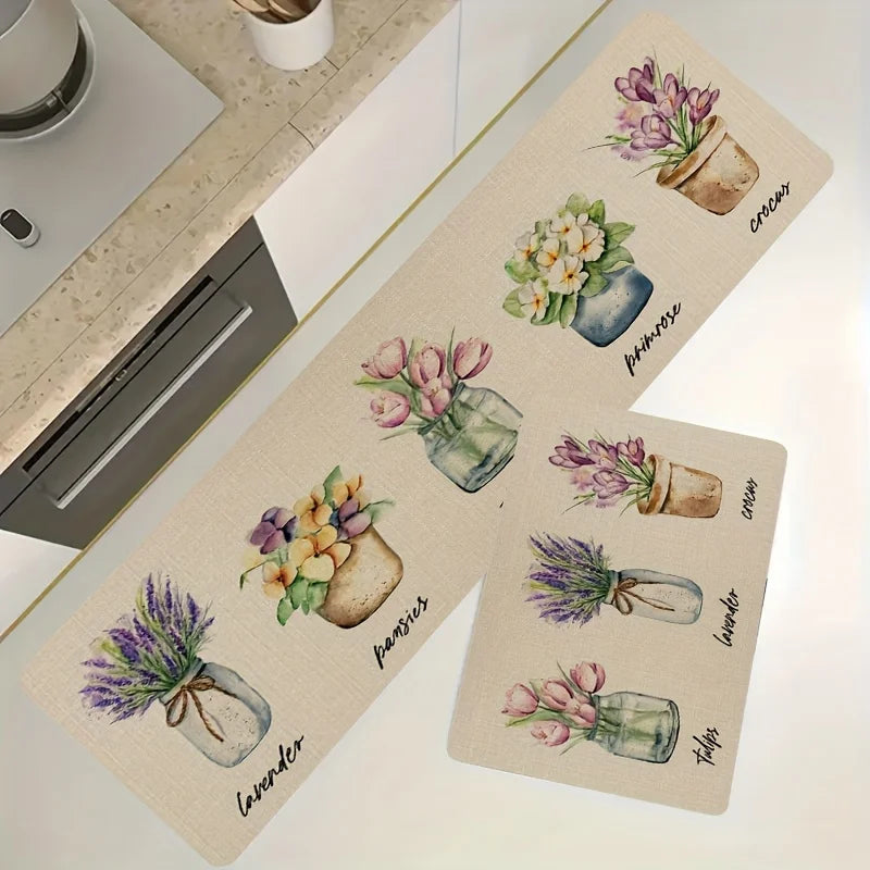 tapis fleurs pots tulipes lavande imperméable antidérapant cuisine salle bain intérieur