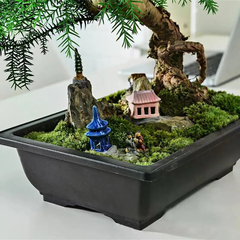 pot bonsaï rectangulaire noir moderne décor miniature maison pagode herbe artificielle