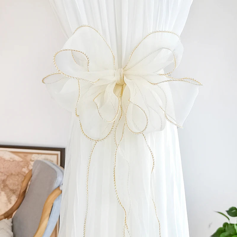 rideau fenêtre transparent rubans décoratifs nœuds dorées élégants maison vintageclair rose blanc