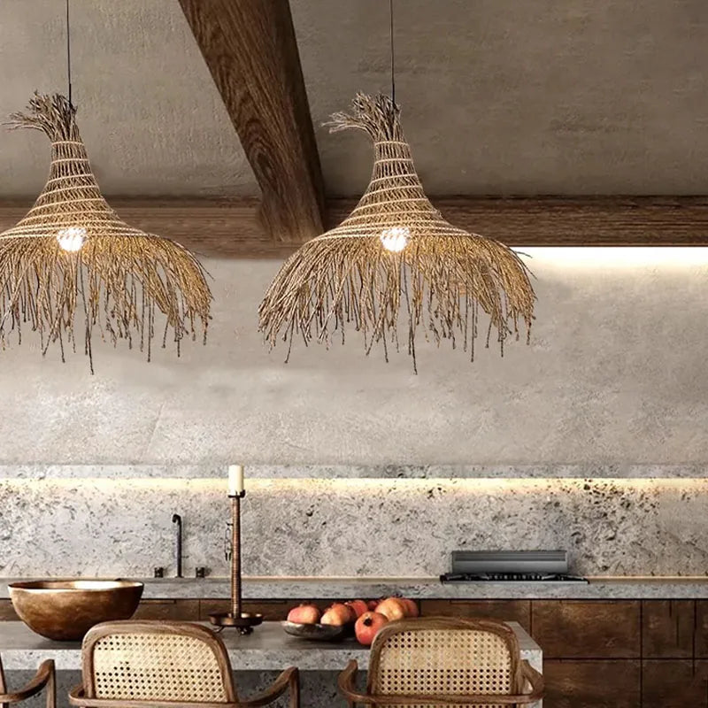 suspension rotin tressée marron clair luminaire rustique salon salle manger suspension décorative