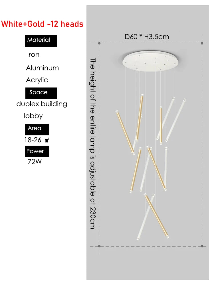Suspension lumineuse contemporaine minimaliste noir blanc led 108w adjustable 350cm