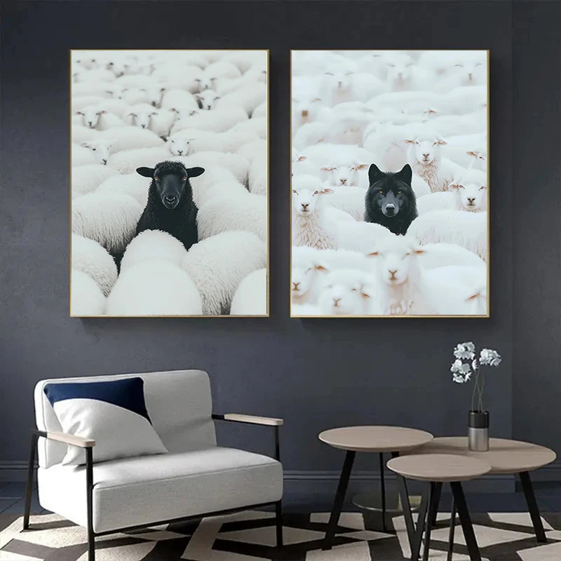 toile d'art contemporaine moutons noirs blancs sans cadre suspension décoration mur animal compagnie moderne