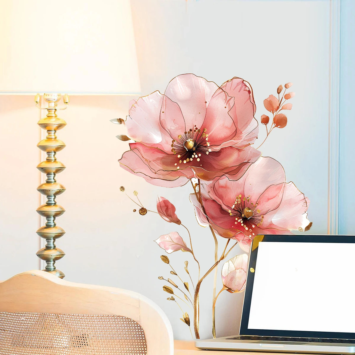 autocollant mural fleurs stylisées moderne rose clair doré deco chambre salon filles PVC removable