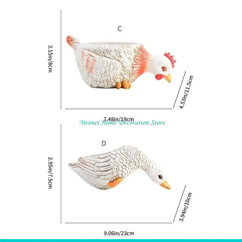 pots fleurs forme poulet canard résine imitation plumes texture rustique blanc orange rouge