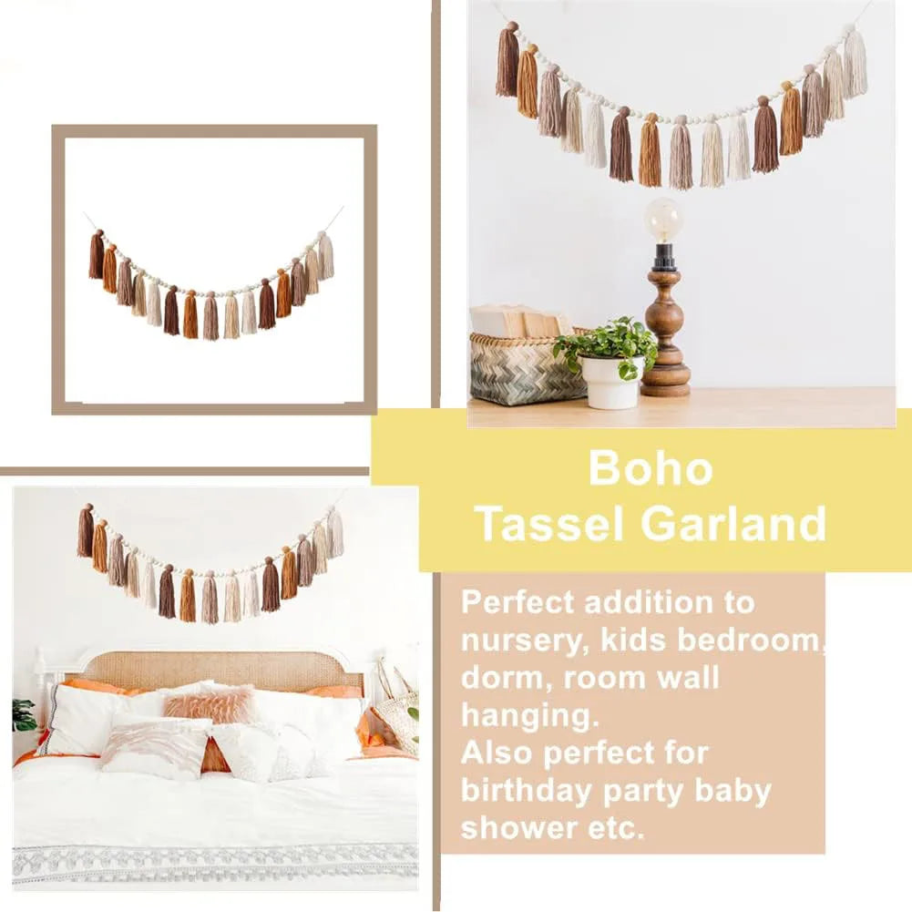 guirlande pompons boho beige marron gris rose vert bleu clair tissu 110cm chambre enfant