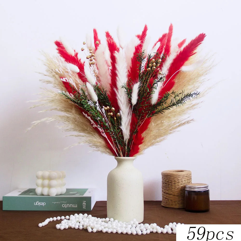 bouquet dried flowers naturel rouges blancs vase beige decoration maison anniversaire fete