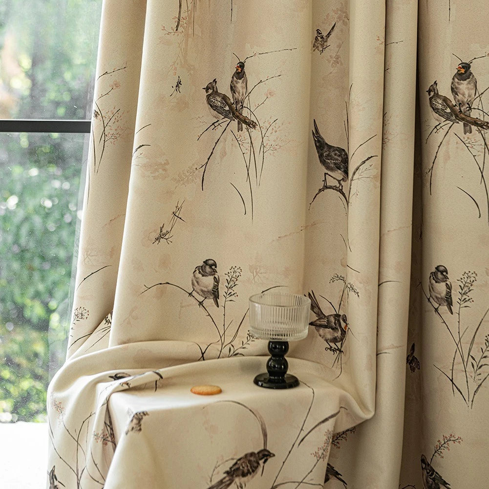 rideau occultant beige oiseaux noirs fleurs classique anneaux fenêtre salon chambre