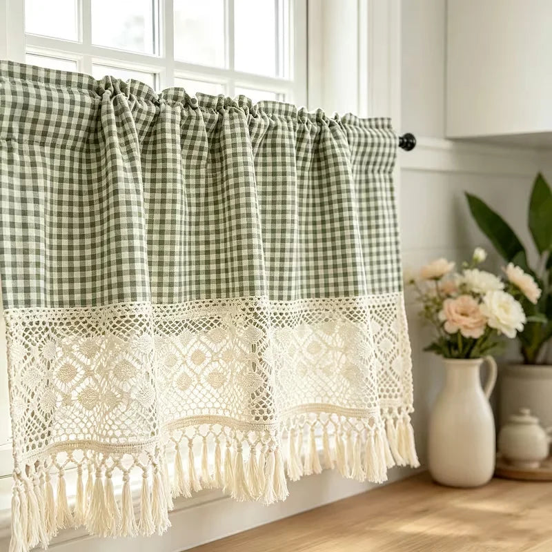 rideau vintage carreaux verts polyester opacité cuisine vertclair beigesimple rustic