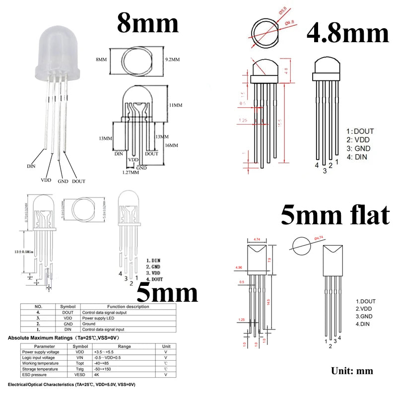 led rgb ws2812b 5mm transparente adressable pixel bricolage électronique projet lumière néon