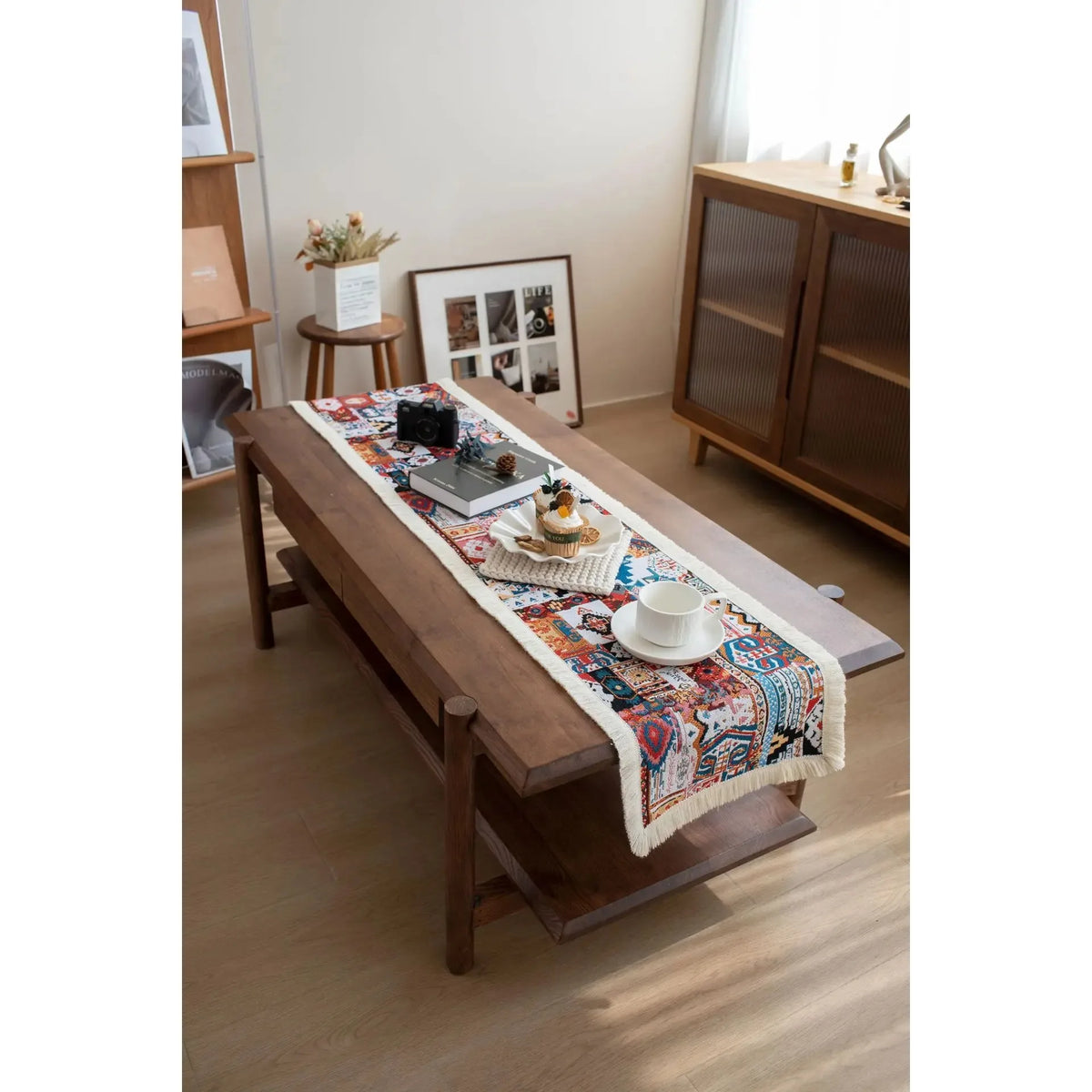 chemin table ethnique boho chic motifs géométriques multicolore serviette crochet tissu épais