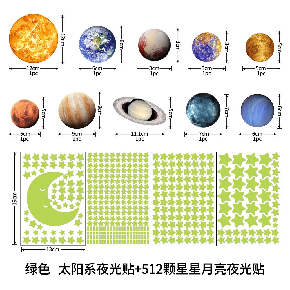 stickers muraux planètes étoiles lune géométriques vert bleu fluo chambre enfants décoration autoadhésive bricolage