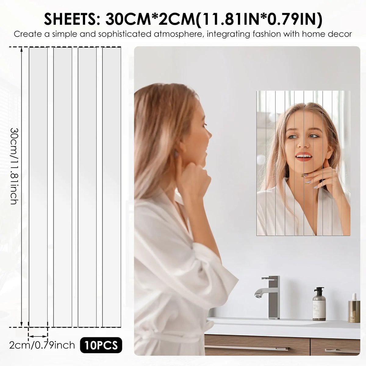 miroirs adhésifs rayures blanches modernes stickers muraux autocollants 10 pièces 30cm 2cm