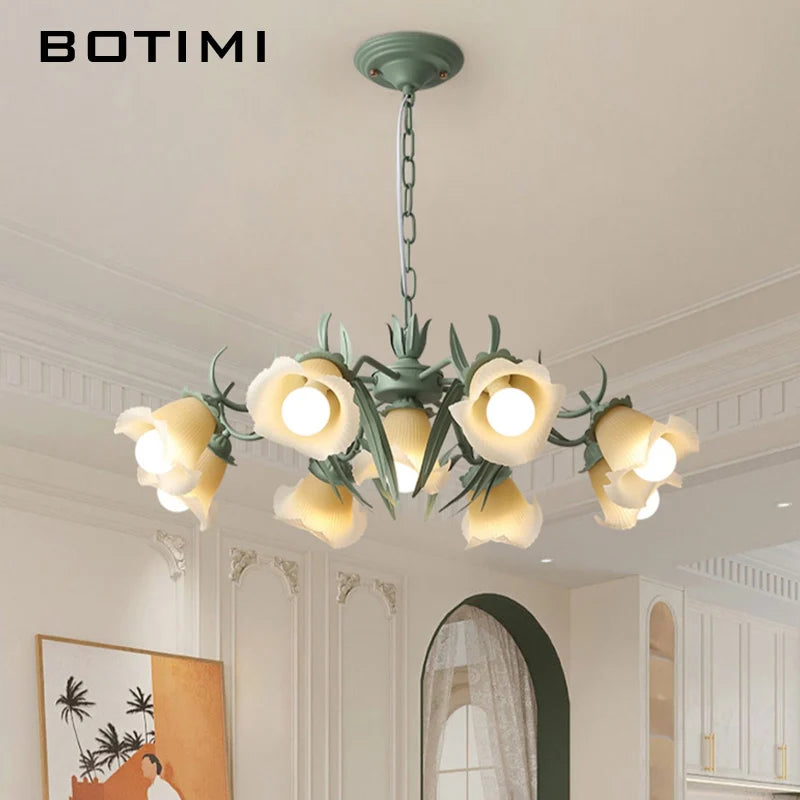 lampe suspendue moderne fleurs vert blanc abat jour verre dépoli led salon chambre