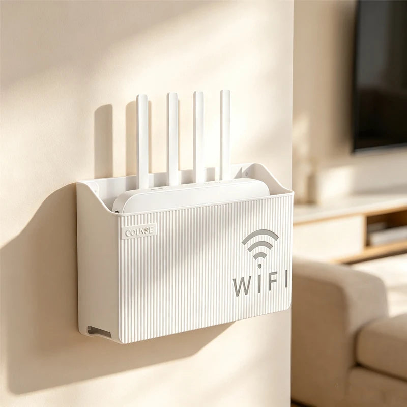boîte rangement murale moderne blanc rayures verticales fixations oreilles salon router wifi