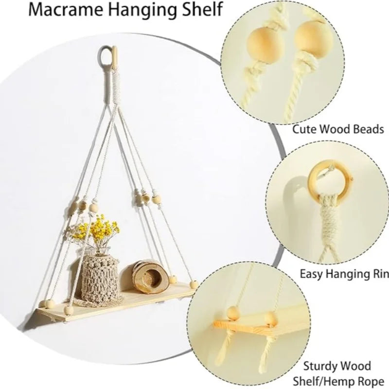 étagère suspendue macramé bois boho décor chambre salon nursery plantes anneaux métal