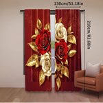 rideau moderne rouge doré roses feuilles polyester opaque deux panneaux