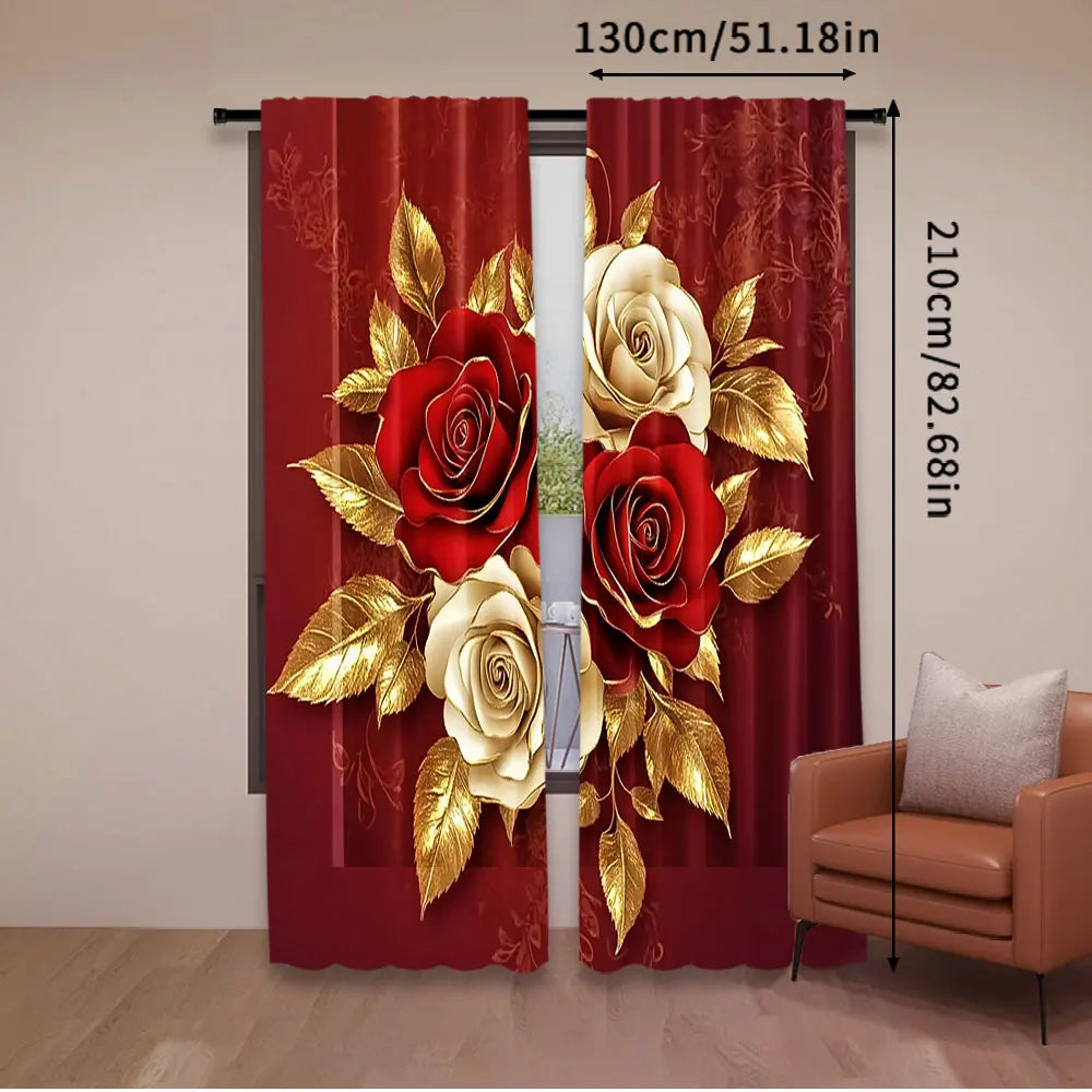 rideau moderne rouge doré roses feuilles polyester opaque deux panneaux
