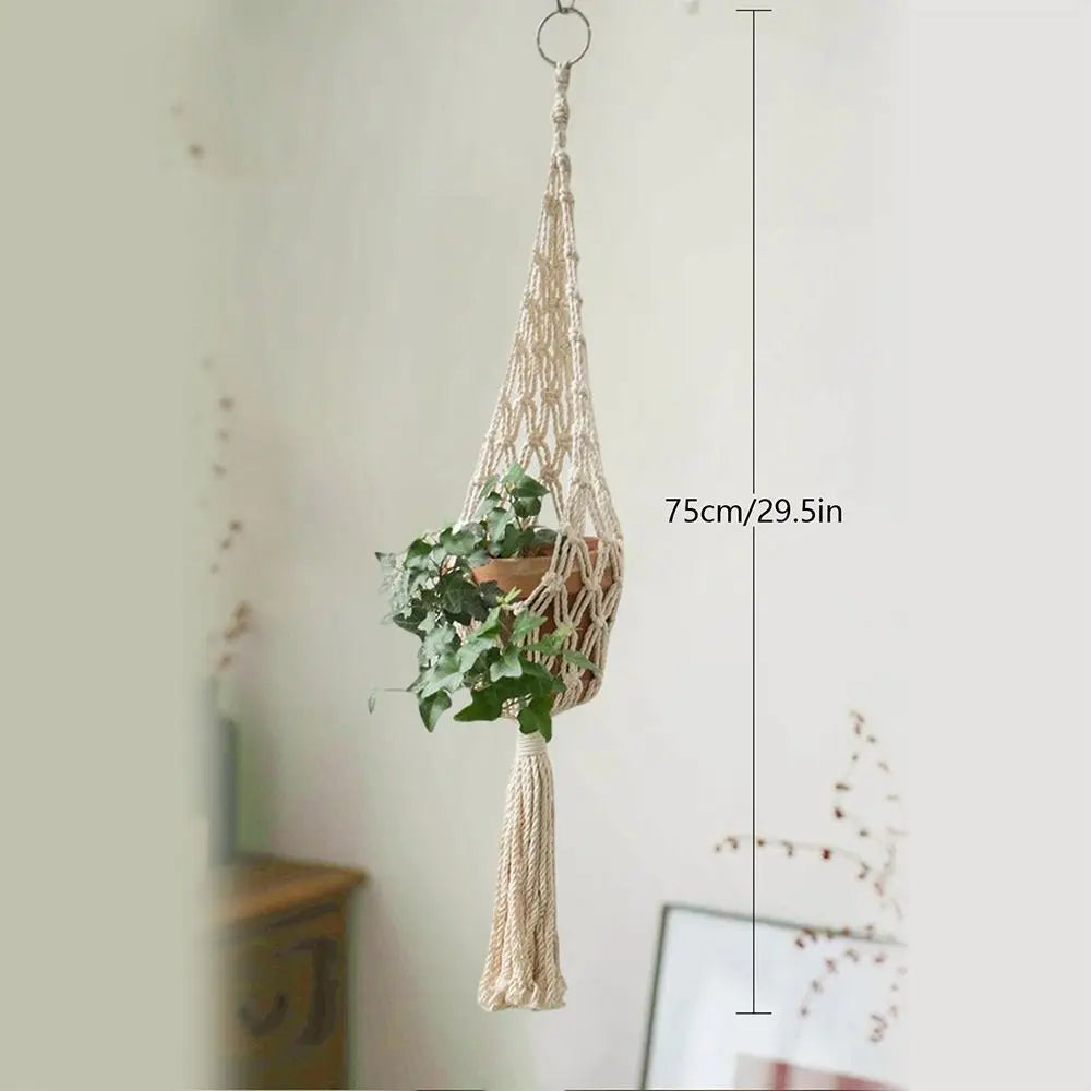 Suspension plante macramé boho blanc cassé anneaux métalliques pot fleurs non decoration
