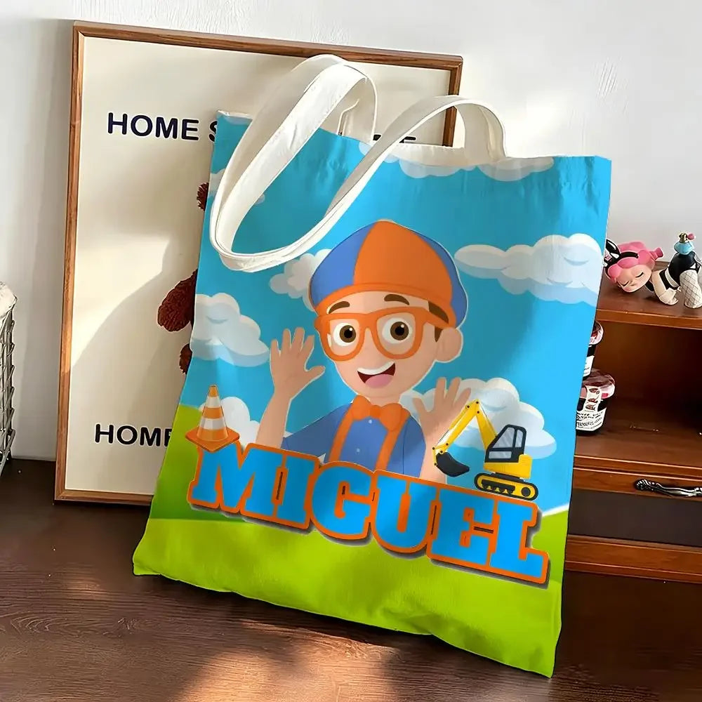 sac main toile cartoon blippi bleu vert orange poignées réutilisable multifonctionalité opacité