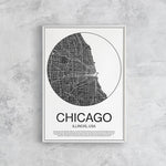 Cette image présente une affiche minimaliste en noir et blanc représentant un plan stylisé de la ville de Chicago, en Illinois, États-Unis.