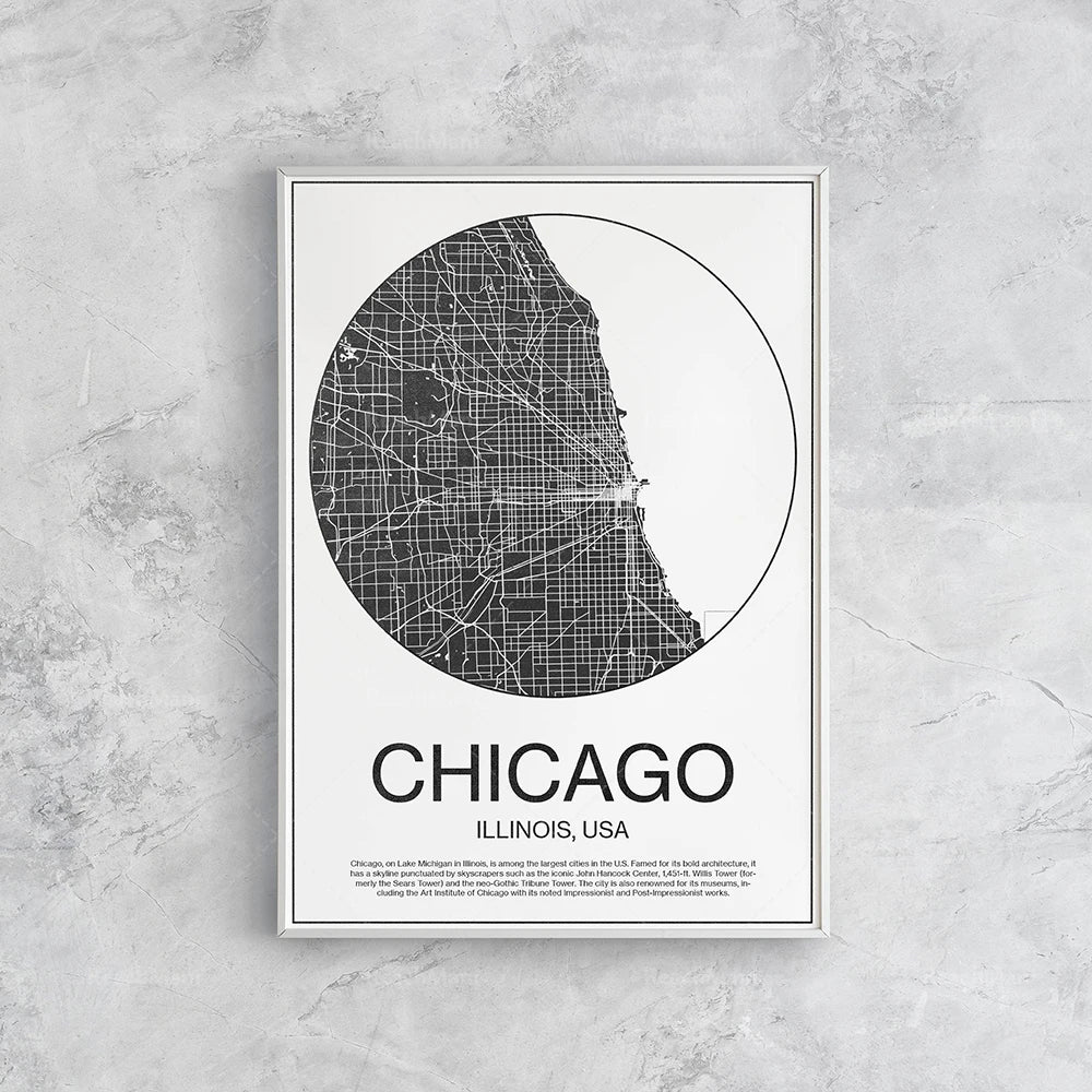 Cette image présente une affiche minimaliste en noir et blanc représentant un plan stylisé de la ville de Chicago, en Illinois, États-Unis.