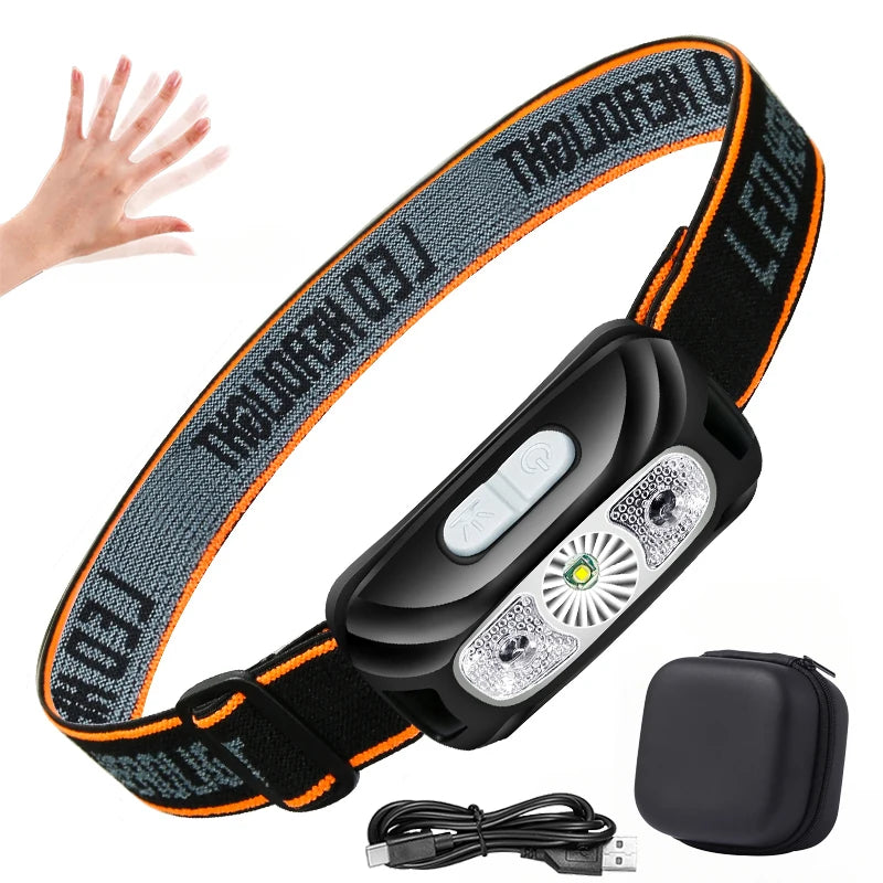 lampe frontale rechargeable led camping pêche urgence vert orange sensor black moderne pratique
