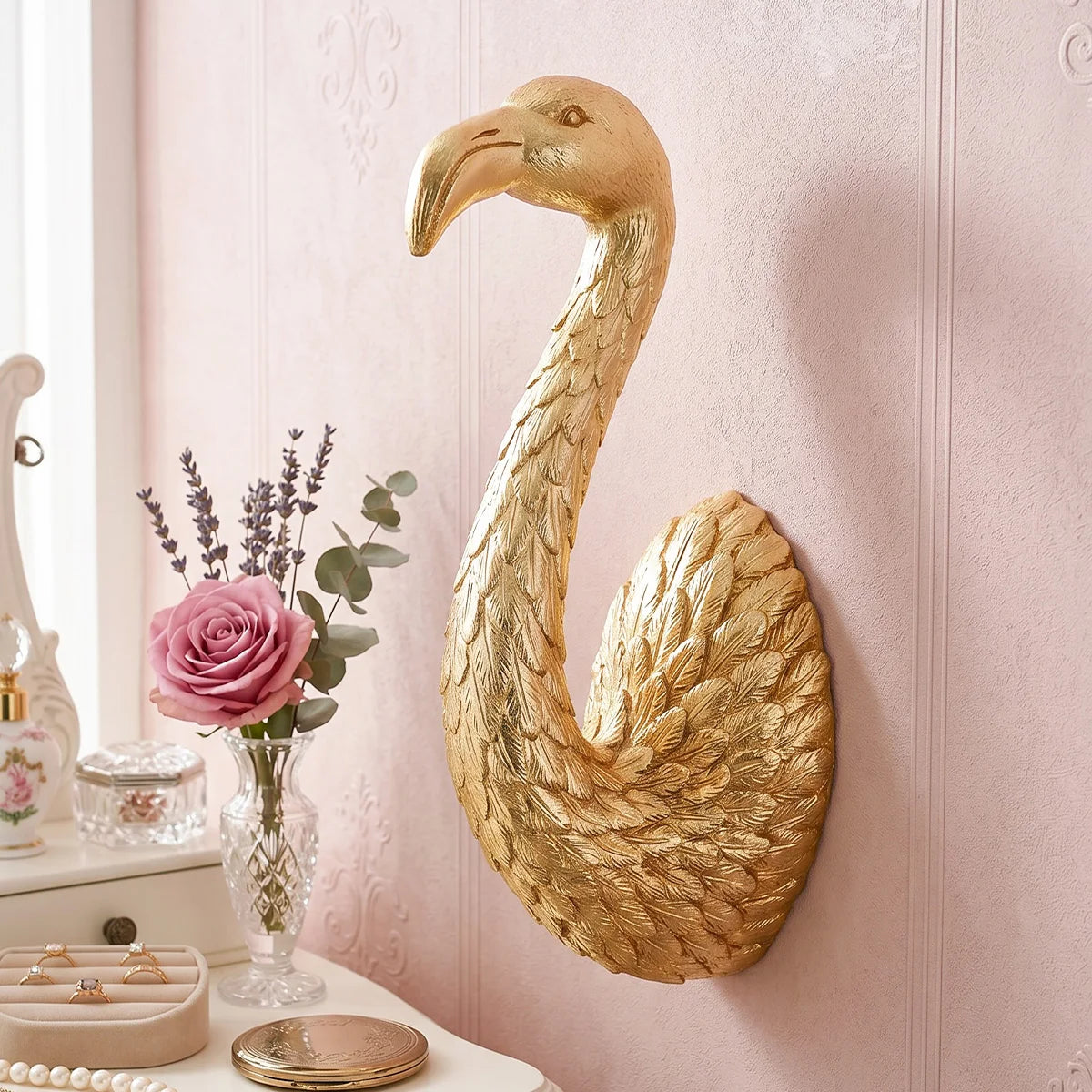 décoration murale tête flamant rose doré résine réaliste plumage détaillé moderne salon