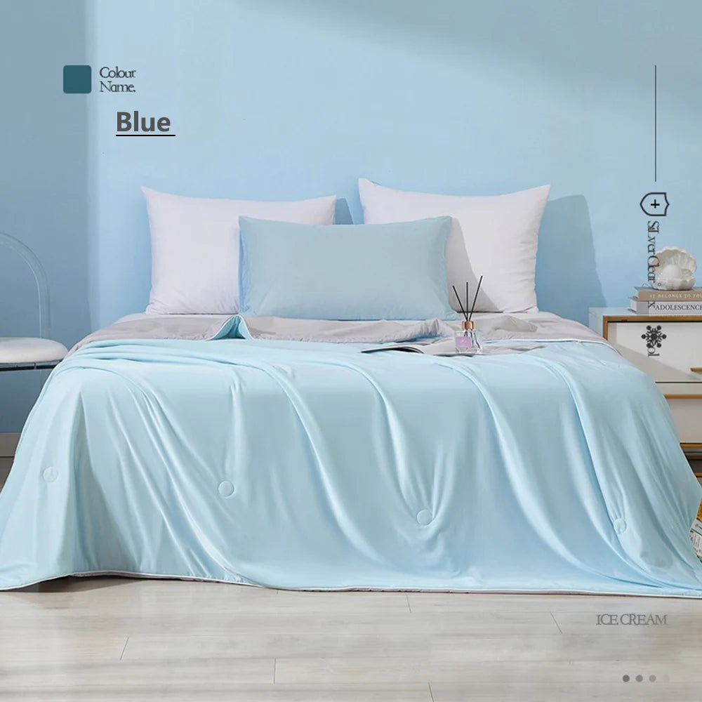 couverture climatisation bleu clair fine été respirante polyester lisse double face moderne refroidissement